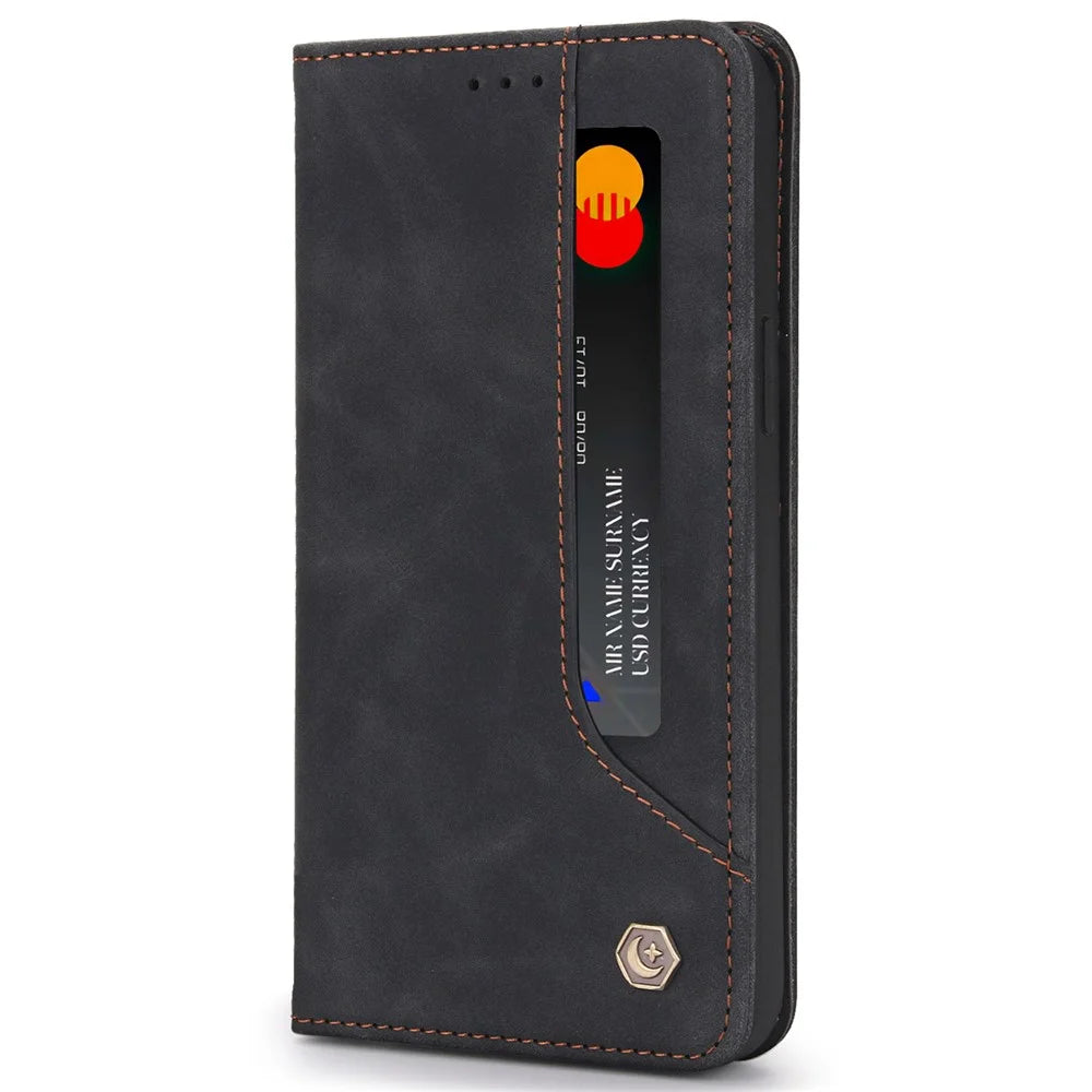 POLA 008 Series Auto Magnetic Closed Retro PU Leather Wallet Case Stand All-Round Protection Phone Cover for iPhone 13 mini 5.4 inch - Black - 2