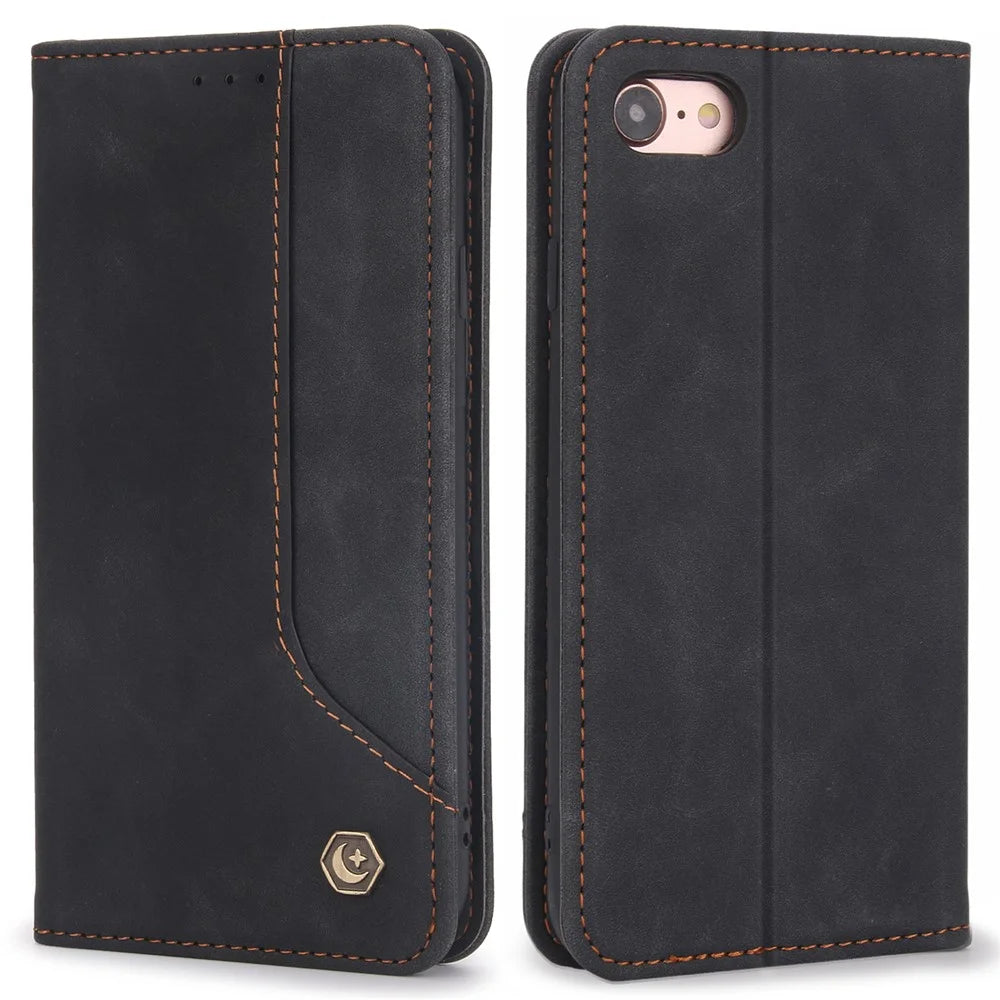 POLA 008 Series Full Protection Retro PU Leather Wallet Phone Case Flip Stand Auto Magnetic Closed Cover for iPhone SE (2022)/SE (2020)/8/7 - Black - 1