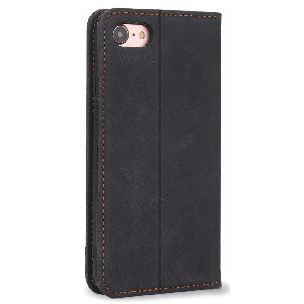 POLA 008 Series Full Protection Retro PU Leather Wallet Phone Case Flip Stand Auto Magnetic Closed Cover for iPhone SE (2022)/SE (2020)/8/7 - Black - 3