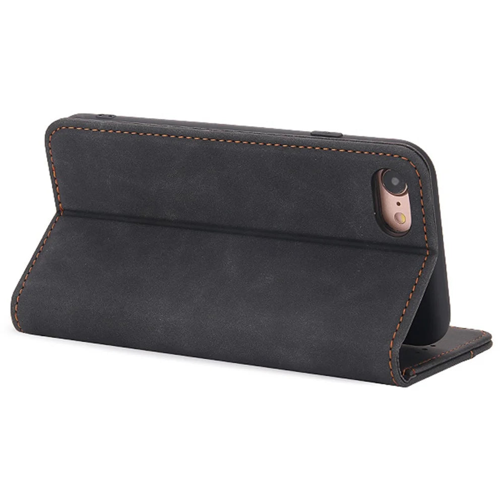 POLA 008 Series Full Protection Retro PU Leather Wallet Phone Case Flip Stand Auto Magnetic Closed Cover for iPhone SE (2022)/SE (2020)/8/7 - Black - 4
