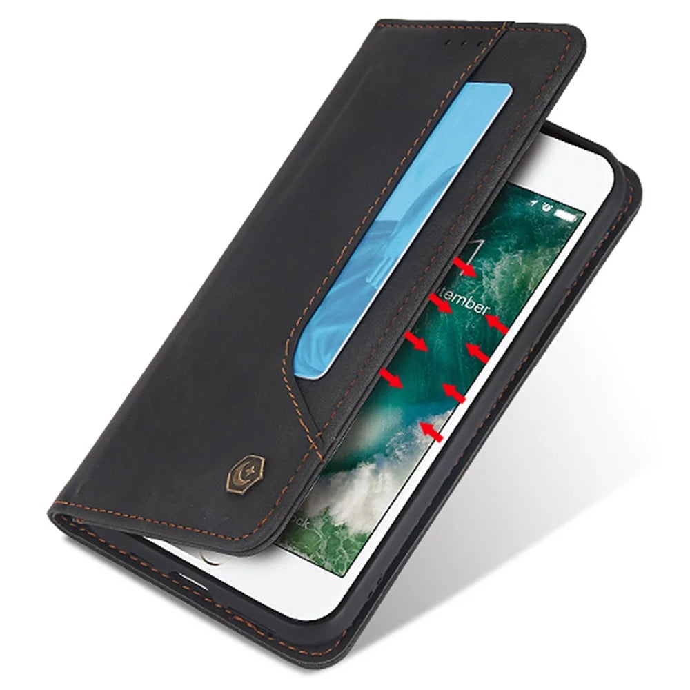 POLA 008 Series Full Protection Retro PU Leather Wallet Phone Case Flip Stand Auto Magnetic Closed Cover for iPhone SE (2022)/SE (2020)/8/7 - Black - 5