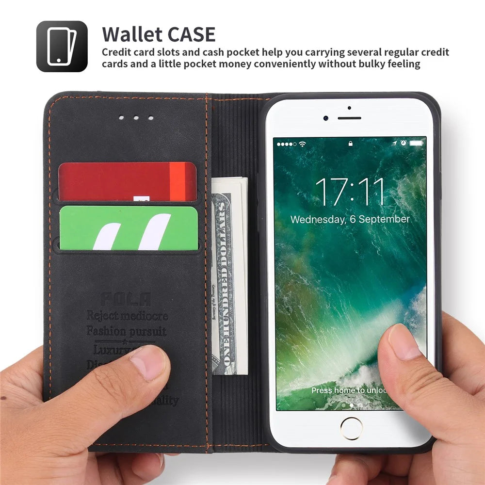 POLA 008 Series Full Protection Retro PU Leather Wallet Phone Case Flip Stand Auto Magnetic Closed Cover for iPhone SE (2022)/SE (2020)/8/7 - Black - 7