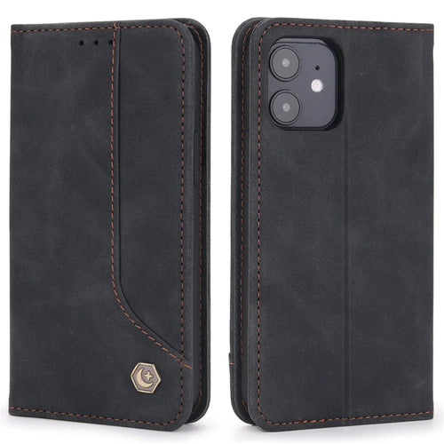 POLA 008 Series Wallet Design PU Leather Retro Folio Flip Case Stand Magnetic Auto-absorbed Shockproof Protection Cover for iPhone 12 mini 5.4 inch - Black - 1