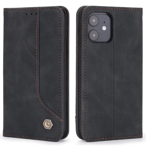 POLA 008 Series Wallet Design PU Leather Retro Folio Flip Case Stand Magnetic Auto-absorbed Shockproof Protection Cover for iPhone 12 mini 5.4 inch - Black - 1