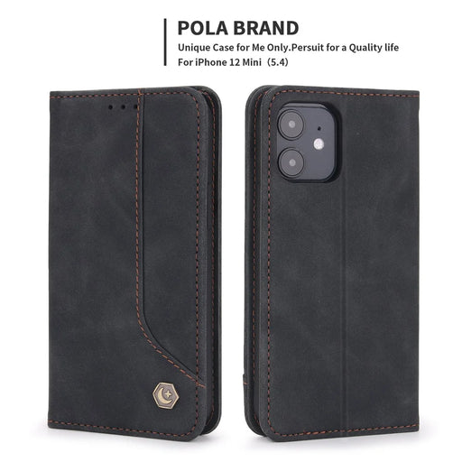 POLA 008 Series Wallet Design PU Leather Retro Folio Flip Case Stand Magnetic Auto-absorbed Shockproof Protection Cover for iPhone 12 mini 5.4 inch - Black - 2