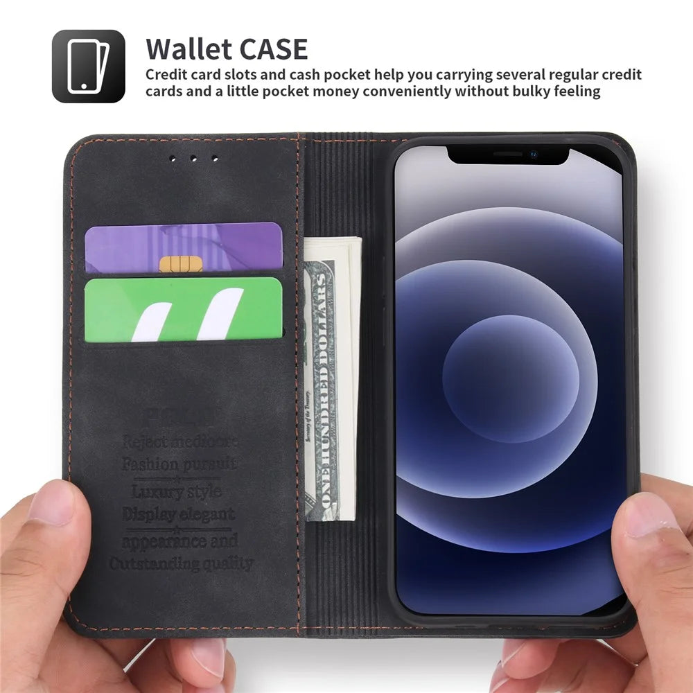 POLA 008 Series Wallet Design PU Leather Retro Folio Flip Case Stand Magnetic Auto-absorbed Shockproof Protection Cover for iPhone 12 mini 5.4 inch - Black - 3