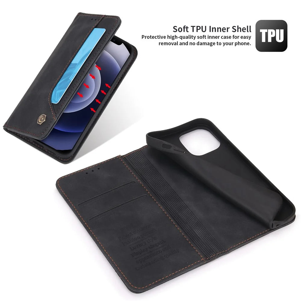 POLA 008 Series Wallet Design PU Leather Retro Folio Flip Case Stand Magnetic Auto-absorbed Shockproof Protection Cover for iPhone 12 mini 5.4 inch - Black - 5