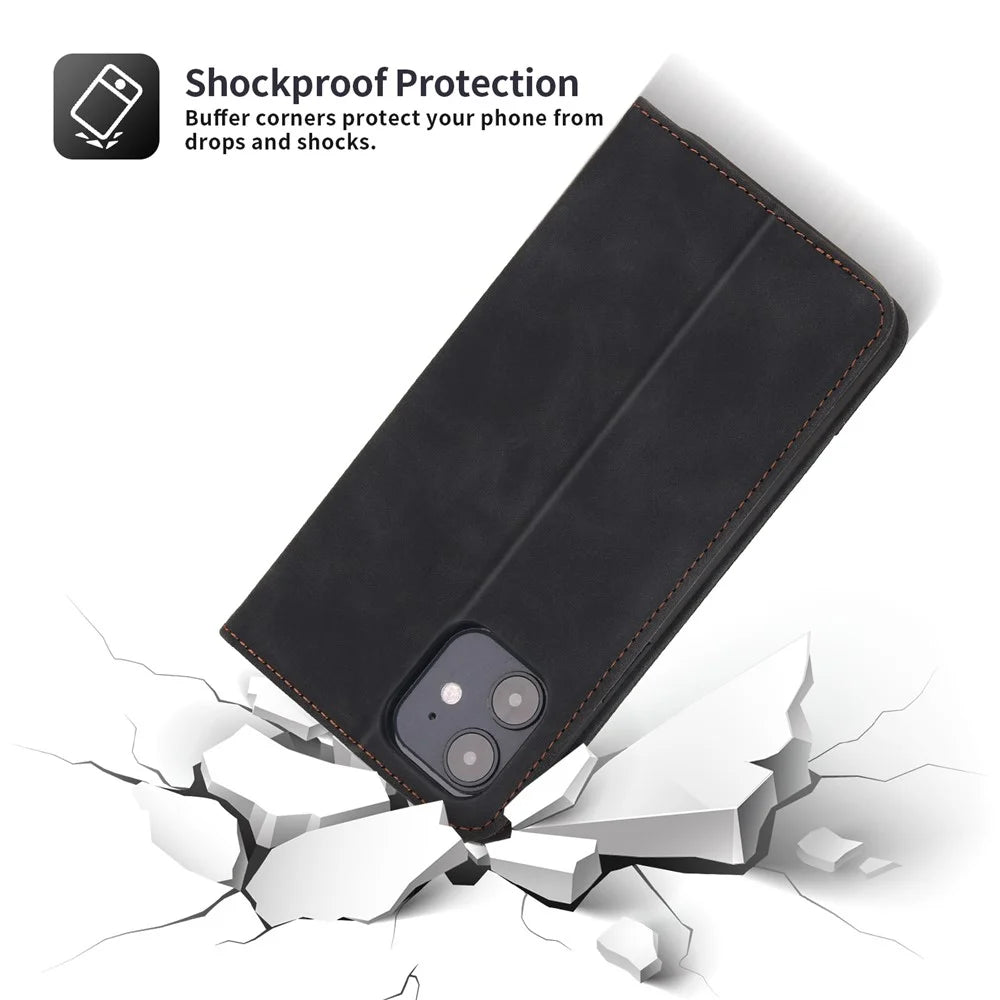 POLA 008 Series Wallet Design PU Leather Retro Folio Flip Case Stand Magnetic Auto-absorbed Shockproof Protection Cover for iPhone 12 mini 5.4 inch - Black - 6