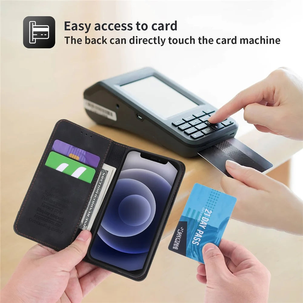 POLA 008 Series Wallet Design PU Leather Retro Folio Flip Case Stand Magnetic Auto-absorbed Shockproof Protection Cover for iPhone 12 mini 5.4 inch - Black - 7