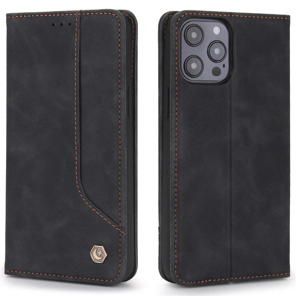 POLA 008 Series Retro Style PU Leather Wallet Case Viewing Stand Magnetic Auto-absorbed Flip Cover for iPhone 12 / 12 Pro 6.1 inch - Black - 1