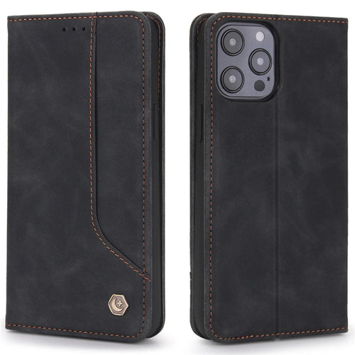 POLA 008 Series Retro Style PU Leather Wallet Case Viewing Stand Magnetic Auto-absorbed Flip Cover for iPhone 12 / 12 Pro 6.1 inch - Black - 1