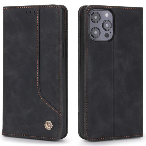 POLA 008 Series Retro Style PU Leather Wallet Case Viewing Stand Magnetic Auto-absorbed Flip Cover for iPhone 12 / 12 Pro 6.1 inch - Black - 1