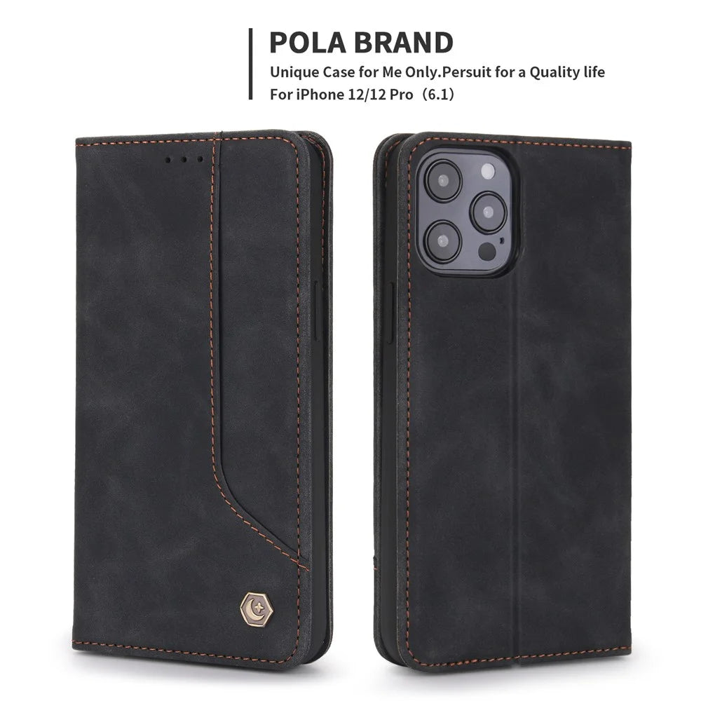 POLA 008 Series Retro Style PU Leather Wallet Case Viewing Stand Magnetic Auto-absorbed Flip Cover for iPhone 12 / 12 Pro 6.1 inch - Black - 2