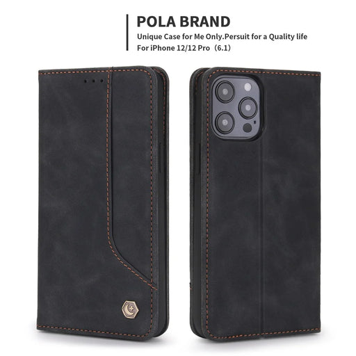 POLA 008 Series Retro Style PU Leather Wallet Case Viewing Stand Magnetic Auto-absorbed Flip Cover for iPhone 12 / 12 Pro 6.1 inch - Black - 2