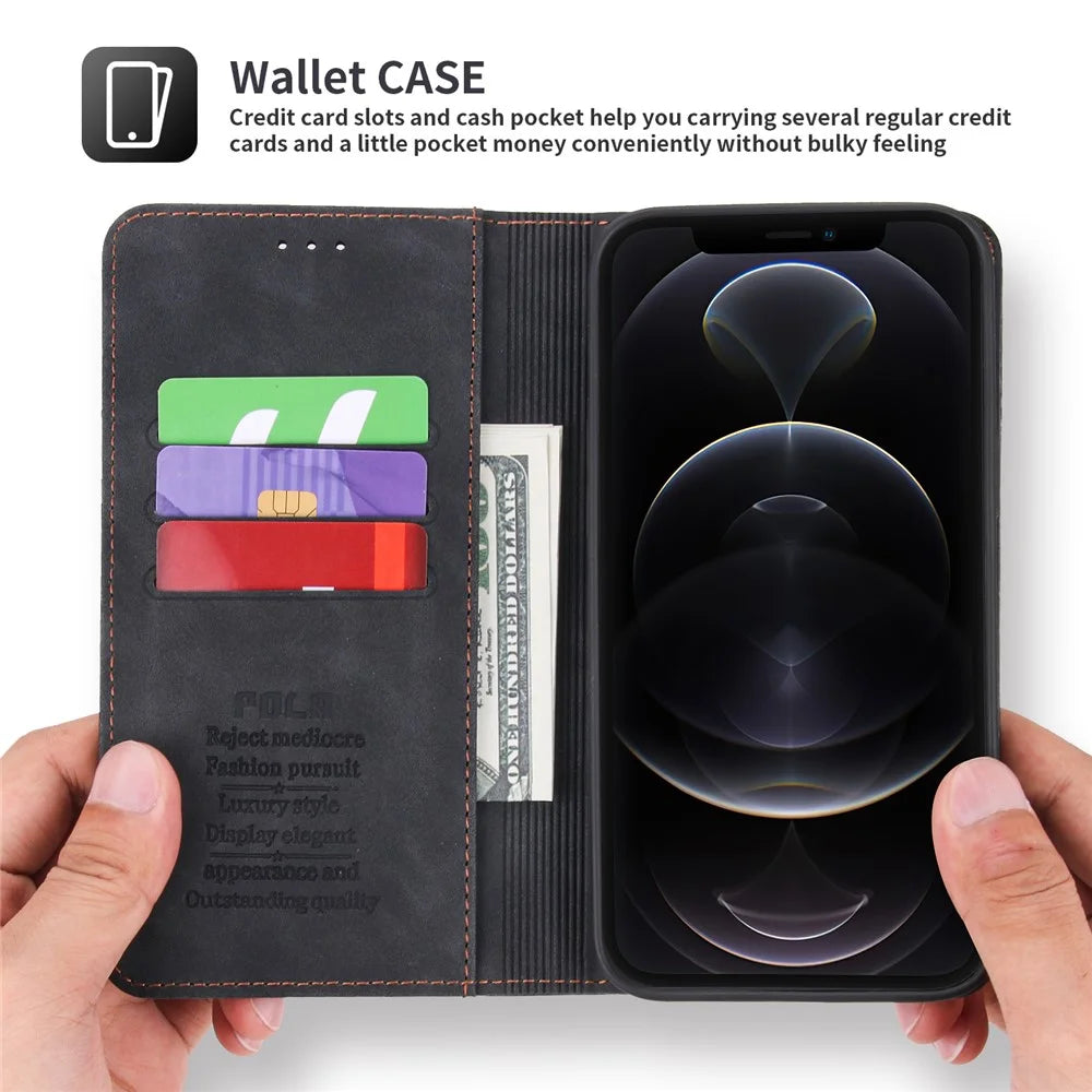 POLA 008 Series Retro Style PU Leather Wallet Case Viewing Stand Magnetic Auto-absorbed Flip Cover for iPhone 12 / 12 Pro 6.1 inch - Black - 3