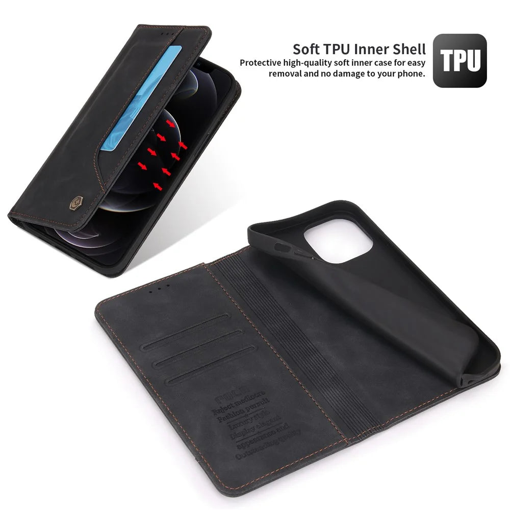 POLA 008 Series Retro Style PU Leather Wallet Case Viewing Stand Magnetic Auto-absorbed Flip Cover for iPhone 12 / 12 Pro 6.1 inch - Black - 5