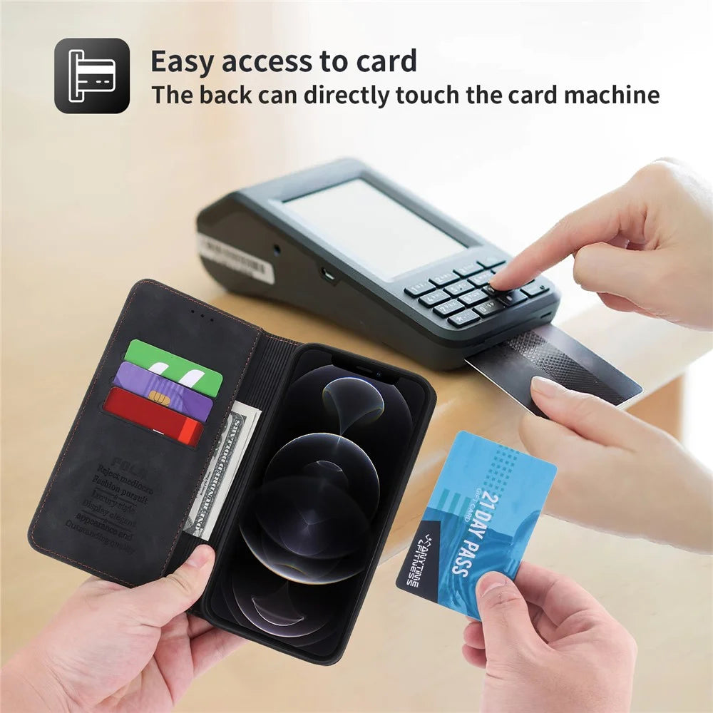 POLA 008 Series Retro Style PU Leather Wallet Case Viewing Stand Magnetic Auto-absorbed Flip Cover for iPhone 12 / 12 Pro 6.1 inch - Black - 7