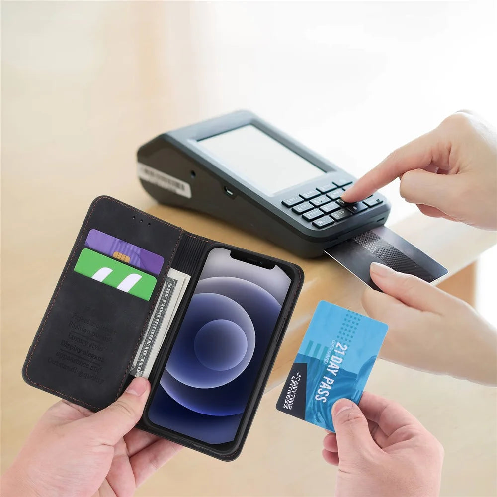 POLA 008 Series Retro Business Wallet Flip Leather Case Stand Magnetic Absorption Protective Cover for iPhone 11 6.1 inch - Black - 6