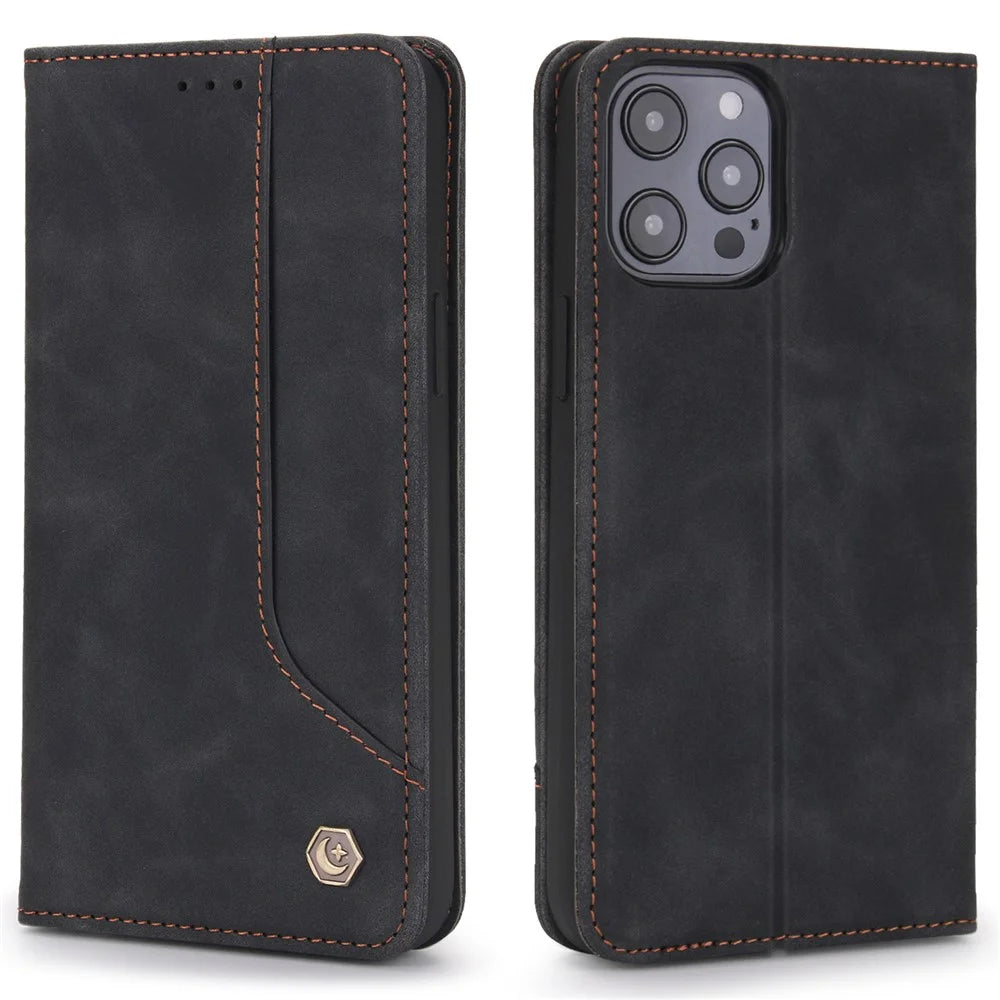POLA 008 Series Vintage PU Leather Flip Wallet Case Auto Closing Magnetic Shockproof Protective Phone Cover with Stand for iPhone 11 Pro Max 6.5 inch - Black - 1