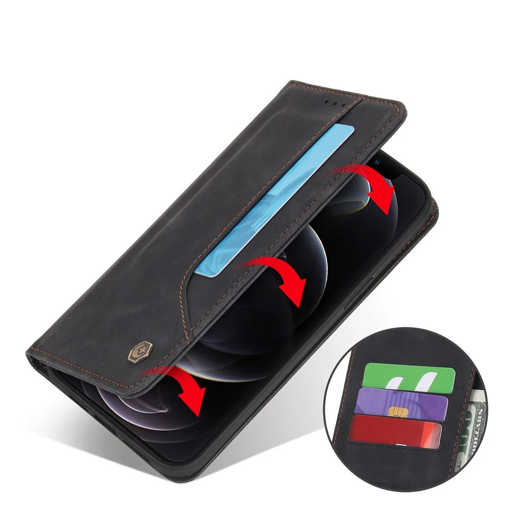 POLA 008 Series Vintage PU Leather Flip Wallet Case Auto Closing Magnetic Shockproof Protective Phone Cover with Stand for iPhone 11 Pro Max 6.5 inch - Black - 7