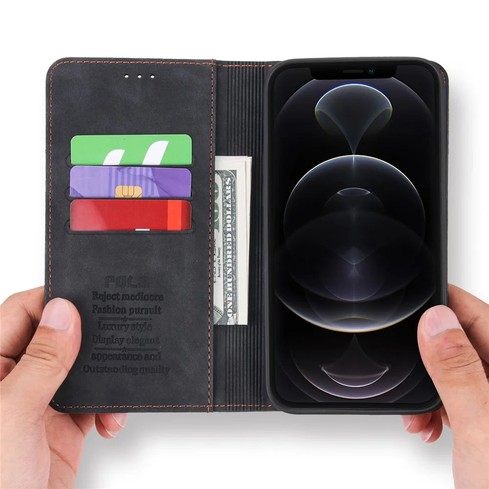 POLA 008 Series Magnetic Absorption Retro Leather Flip Case Wallet Stand Protective Cover for iPhone 11 Pro 5.8 inch - Black - 3