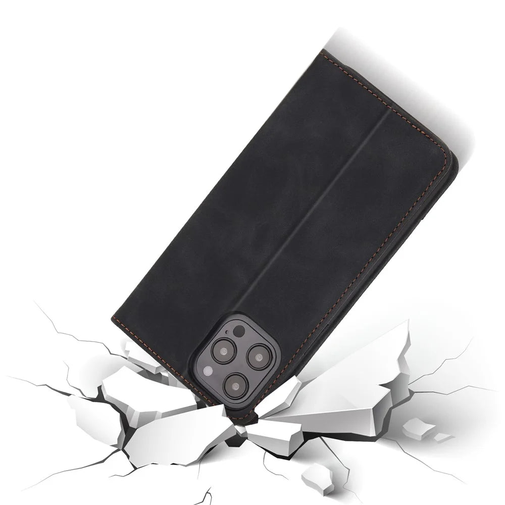 POLA 008 Series Magnetic Absorption Retro Leather Flip Case Wallet Stand Protective Cover for iPhone 11 Pro 5.8 inch - Black - 5