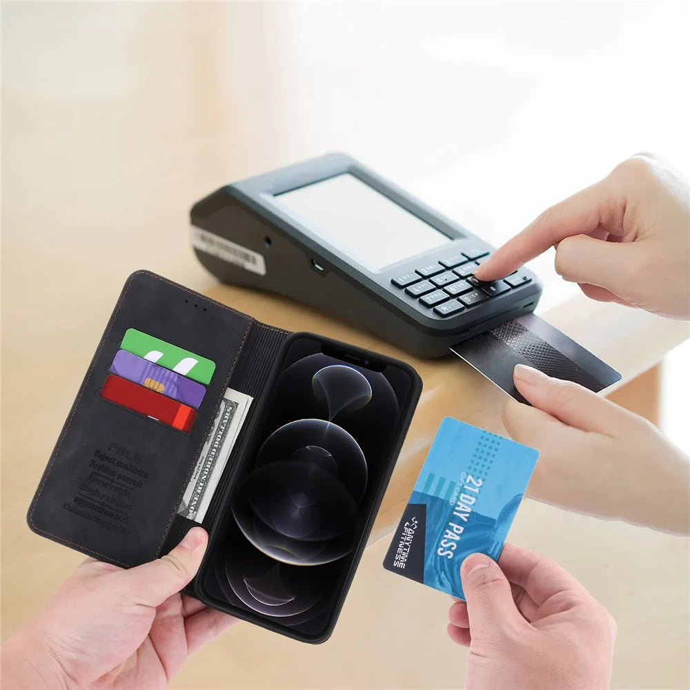 POLA 008 Series Magnetic Absorption Retro Leather Flip Case Wallet Stand Protective Cover for iPhone 11 Pro 5.8 inch - Black - 6