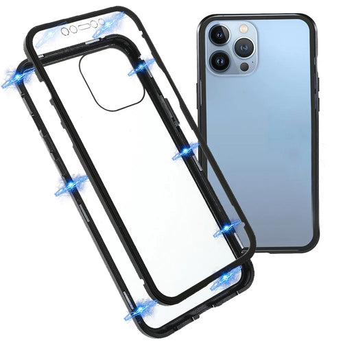 For iPhone 13 Pro 6.1 inch Metal Bumper + Double-sided Tempered Glass Phone Case Anti-peep Magnetic Protective Cover - Black - 1