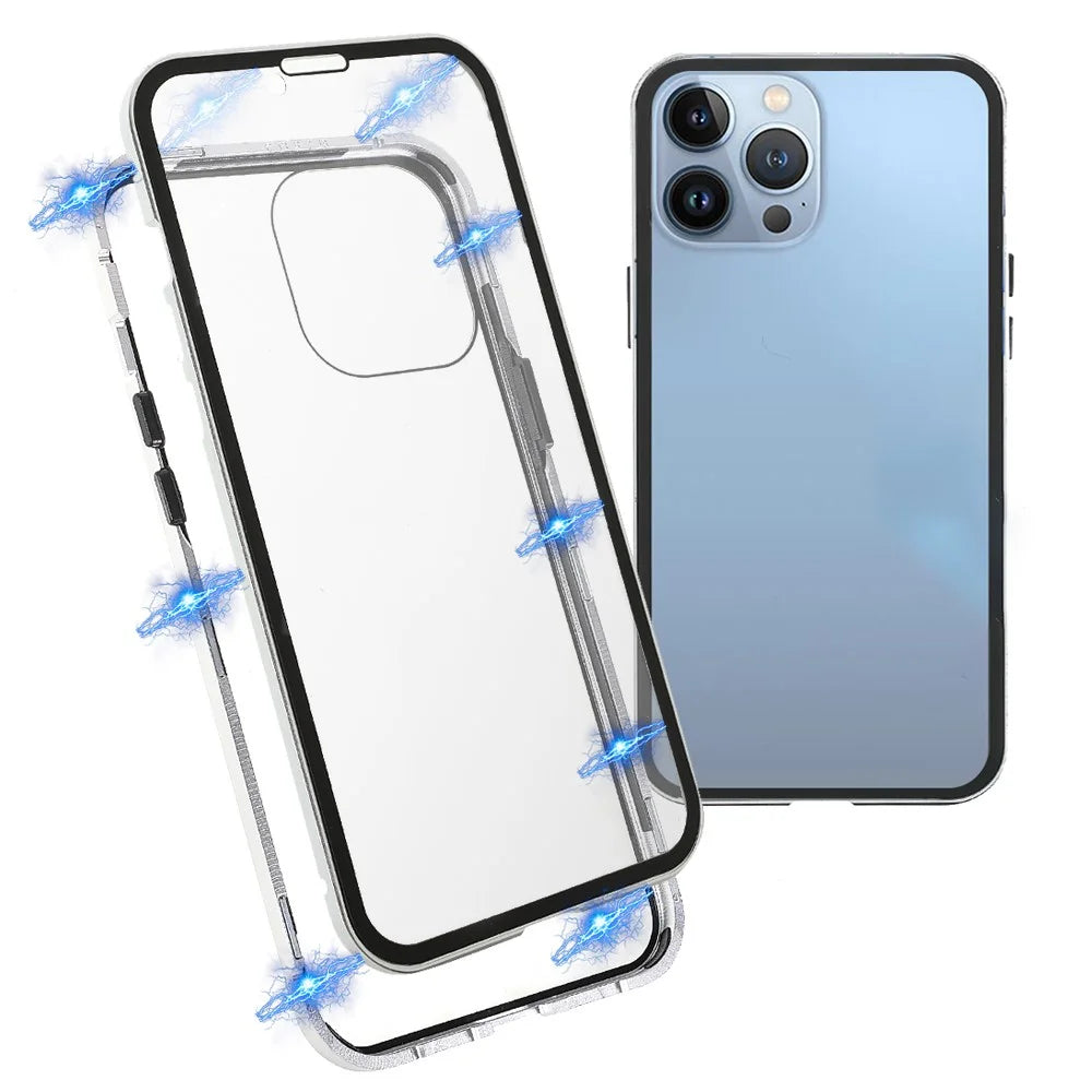 For iPhone 13 Pro Max 6.7 inch Anti-peep Phone Case Metal Frame + Double-sided Tempered Glass Hybrid Cover with Magnetic Closure - Silver - 1