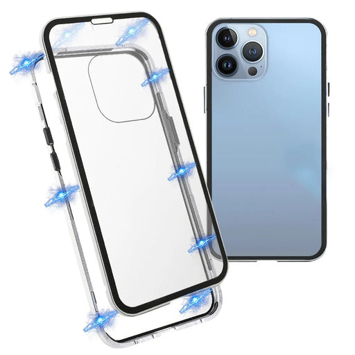 For iPhone 13 Pro Max 6.7 inch Anti-peep Phone Case Metal Frame + Double-sided Tempered Glass Hybrid Cover with Magnetic Closure - Silver - 1