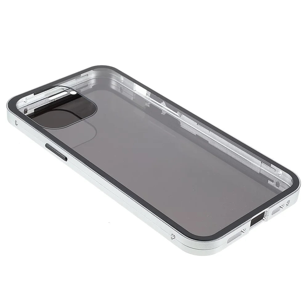 For iPhone 13 Pro Max 6.7 inch Anti-peep Phone Case Metal Frame + Double-sided Tempered Glass Hybrid Cover with Magnetic Closure - Silver - 4