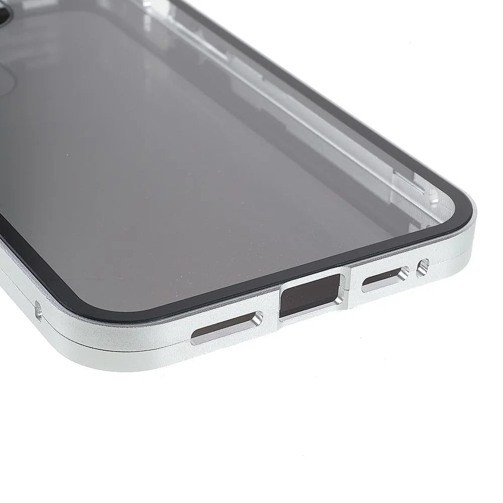 For iPhone 13 Pro Max 6.7 inch Anti-peep Phone Case Metal Frame + Double-sided Tempered Glass Hybrid Cover with Magnetic Closure - Silver - 5