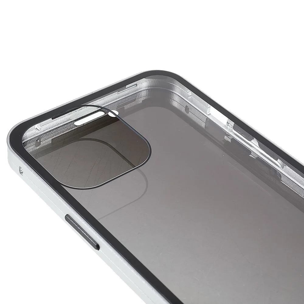 For iPhone 13 Pro Max 6.7 inch Anti-peep Phone Case Metal Frame + Double-sided Tempered Glass Hybrid Cover with Magnetic Closure - Silver - 6