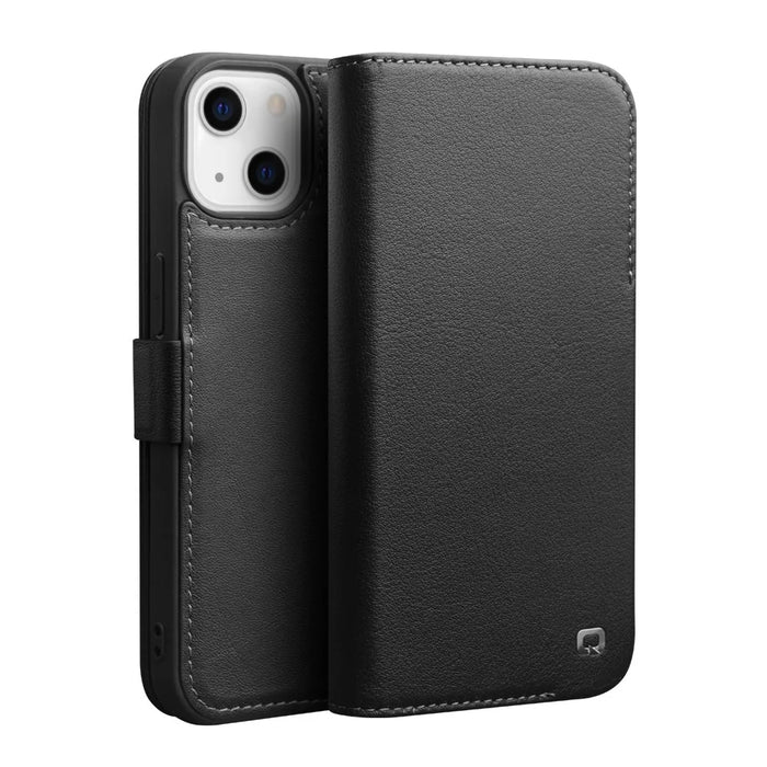 QIALINO Well-Protected Anti-Fall Magnetic Closure Wallet Design Genuine Leather Cell Phone Case for iPhone 13 mini 5.4 inch - Black - 1
