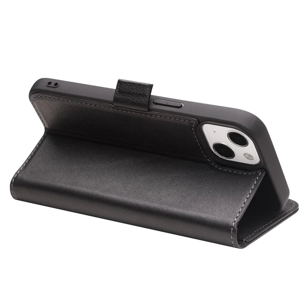 QIALINO Well-Protected Anti-Fall Magnetic Closure Wallet Design Genuine Leather Cell Phone Case for iPhone 13 mini 5.4 inch - Black - 2