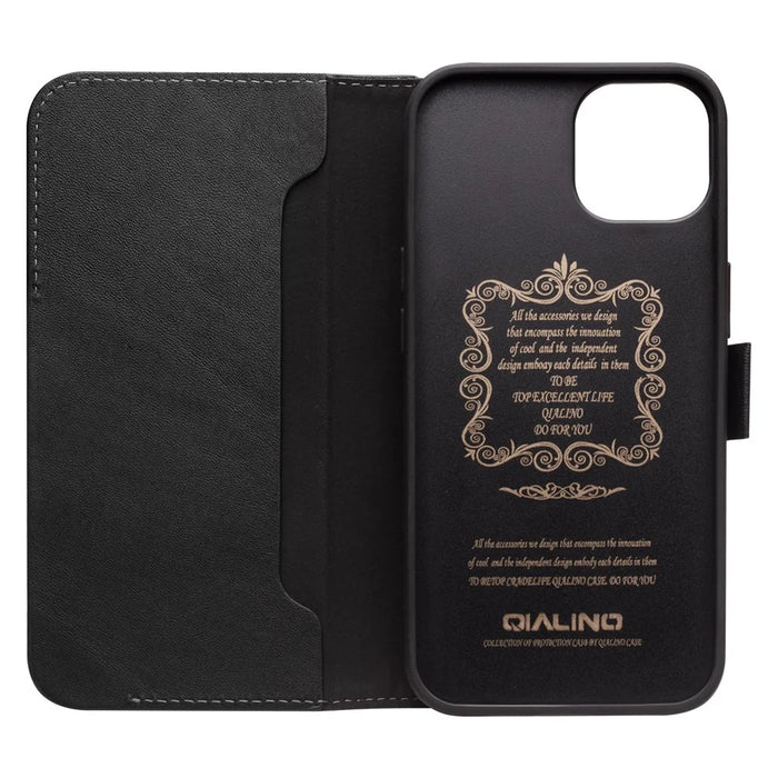 QIALINO Well-Protected Anti-Fall Magnetic Closure Wallet Design Genuine Leather Cell Phone Case for iPhone 13 mini 5.4 inch - Black - 4