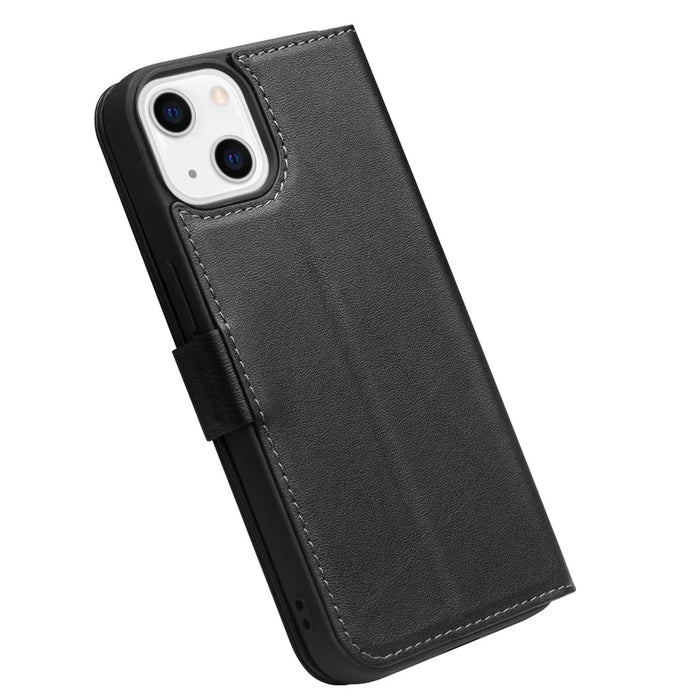 QIALINO Well-Protected Anti-Fall Magnetic Closure Wallet Design Genuine Leather Cell Phone Case for iPhone 13 mini 5.4 inch - Black - 5