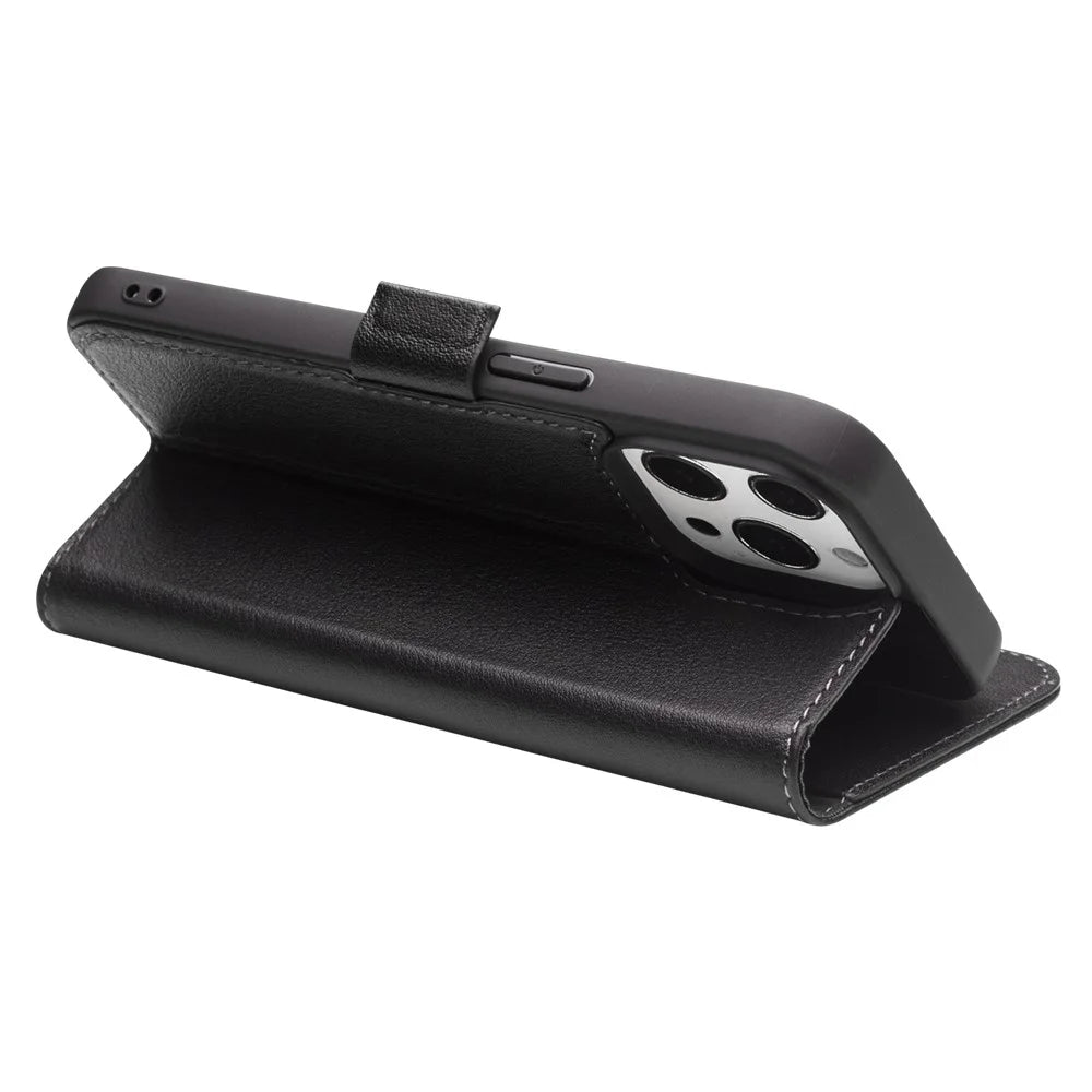 QIALINO Wallet Stand Function Magnetic Closure Top Layer Genuine Leather Phone Case Cover for iPhone 13 Pro 6.1 inch - Black - 3