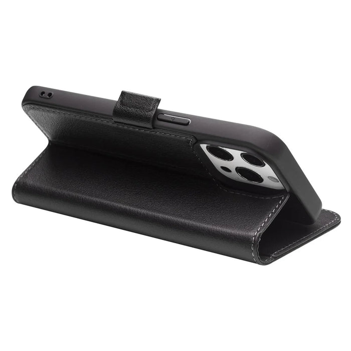 QIALINO Wallet Stand Function Magnetic Closure Top Layer Genuine Leather Phone Case Cover for iPhone 13 Pro 6.1 inch - Black - 3