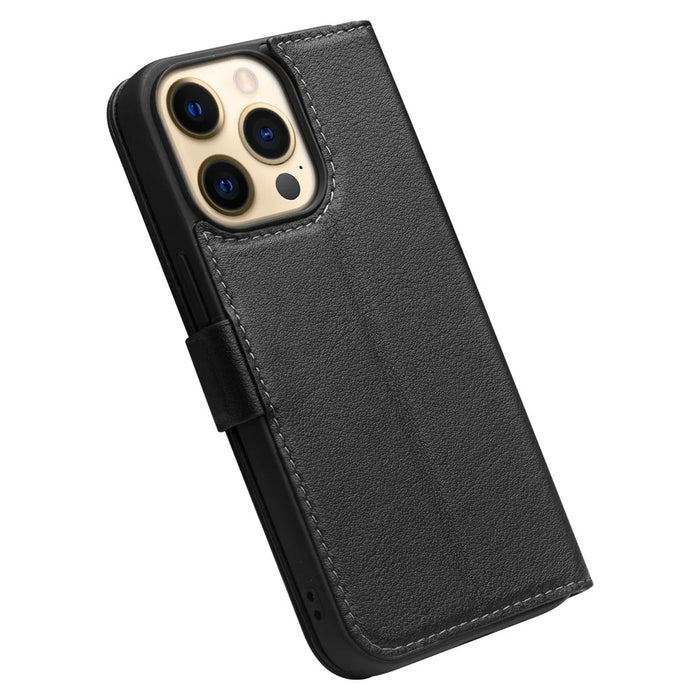 QIALINO Wallet Stand Function Magnetic Closure Top Layer Genuine Leather Phone Case Cover for iPhone 13 Pro 6.1 inch - Black - 4