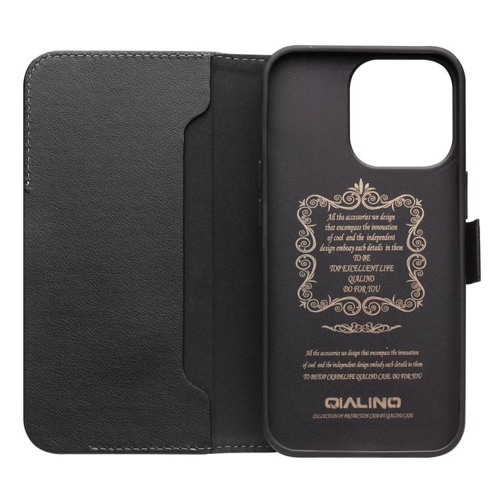 QIALINO Wallet Stand Function Magnetic Closure Top Layer Genuine Leather Phone Case Cover for iPhone 13 Pro 6.1 inch - Black - 5