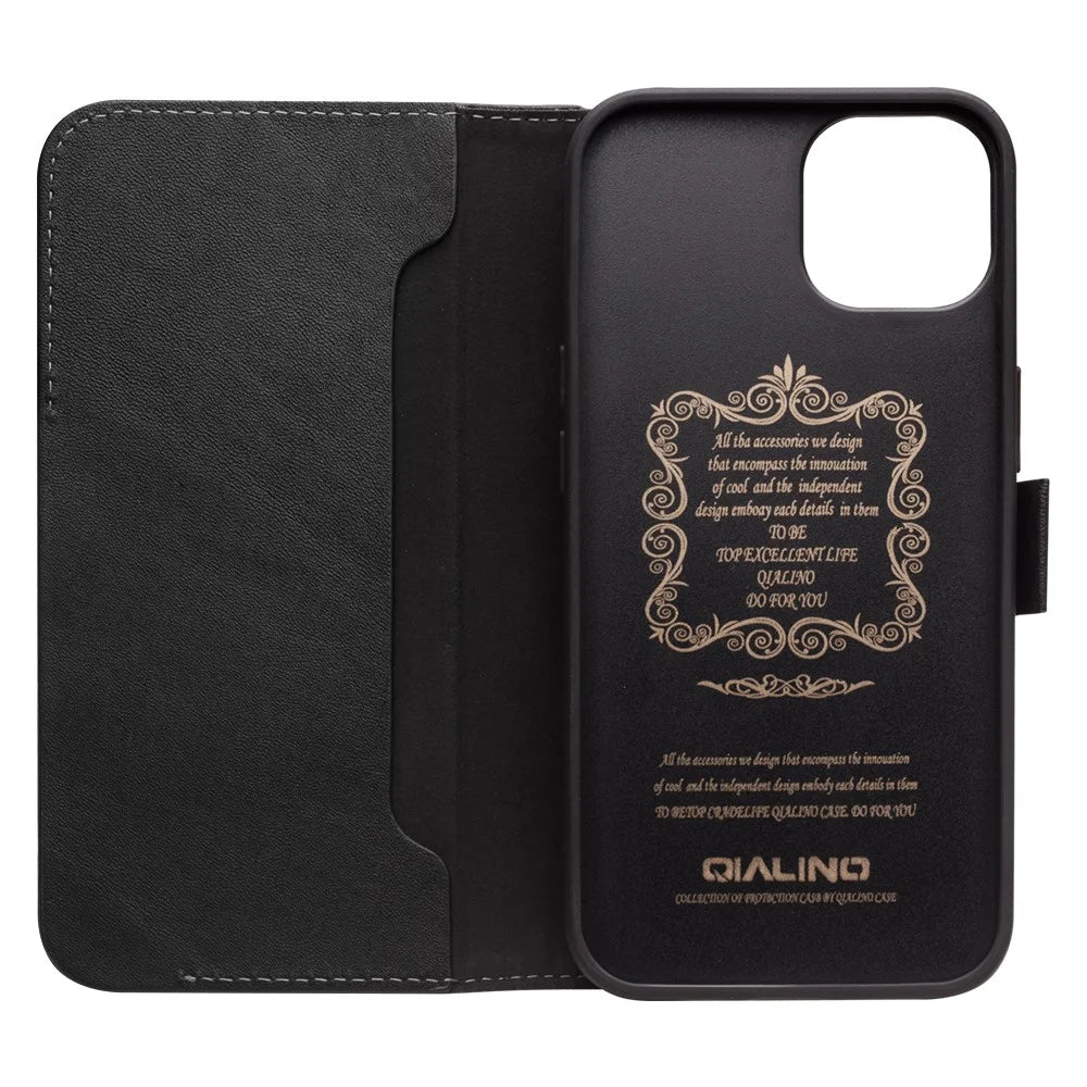 QIALINO Magnetic Closure Flip Folio Wallet Design Genuine Leather Cover Phone Case for iPhone 13 6.1 inch - Black - 4