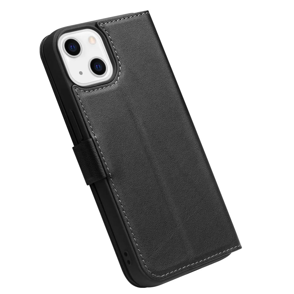QIALINO Magnetic Closure Flip Folio Wallet Design Genuine Leather Cover Phone Case for iPhone 13 6.1 inch - Black - 5
