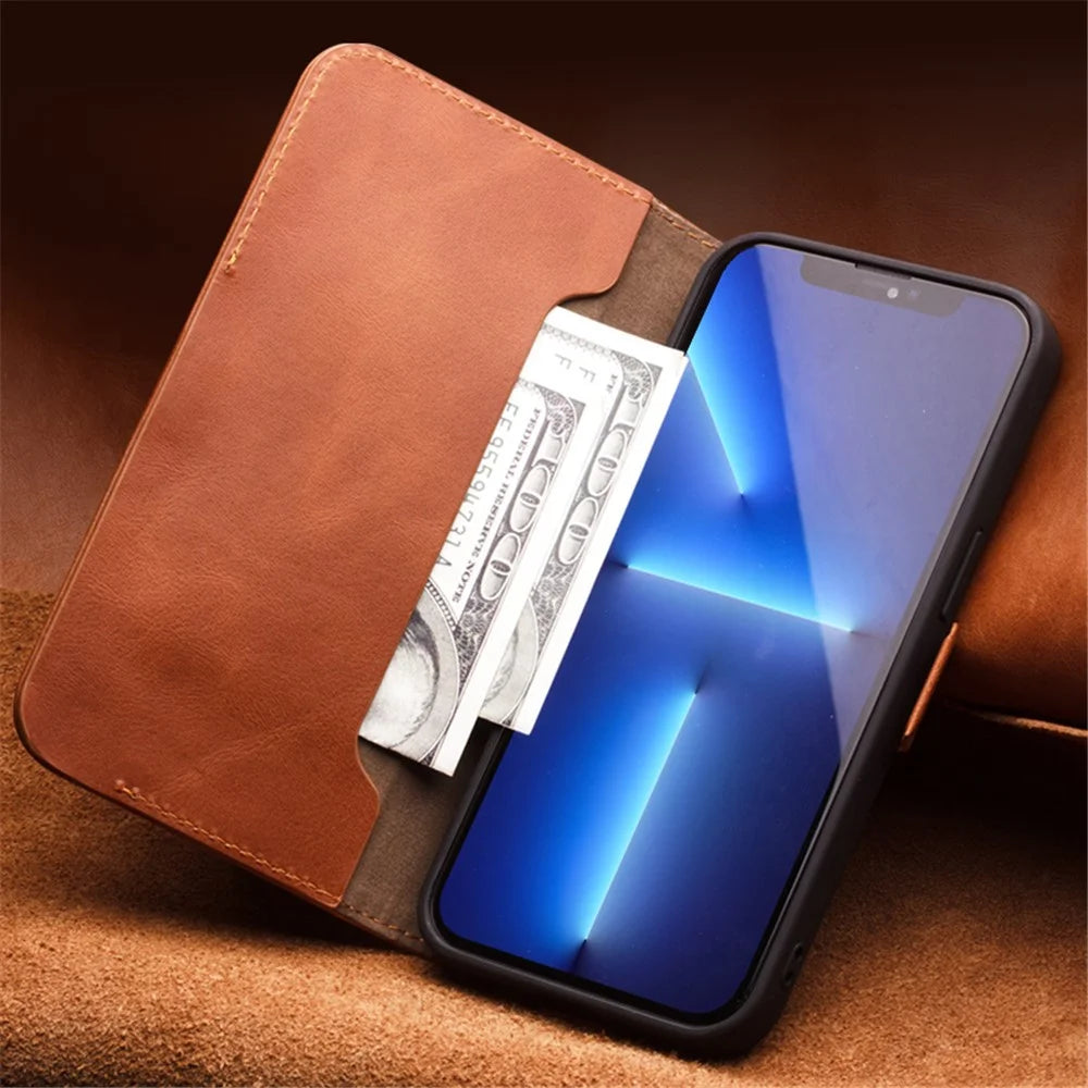 QIALINO Magnetic Closure Flip Folio Wallet Design Genuine Leather Cover Phone Case for iPhone 13 6.1 inch - Black - 7