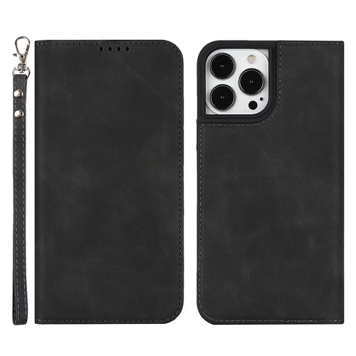 For iPhone 13 Pro 6.1 inch Anti-drop PU Leather Skin-touch Feeling Auto-absorbed Folio Fip Phone Case Shell with Wallet Stand - Black - 1