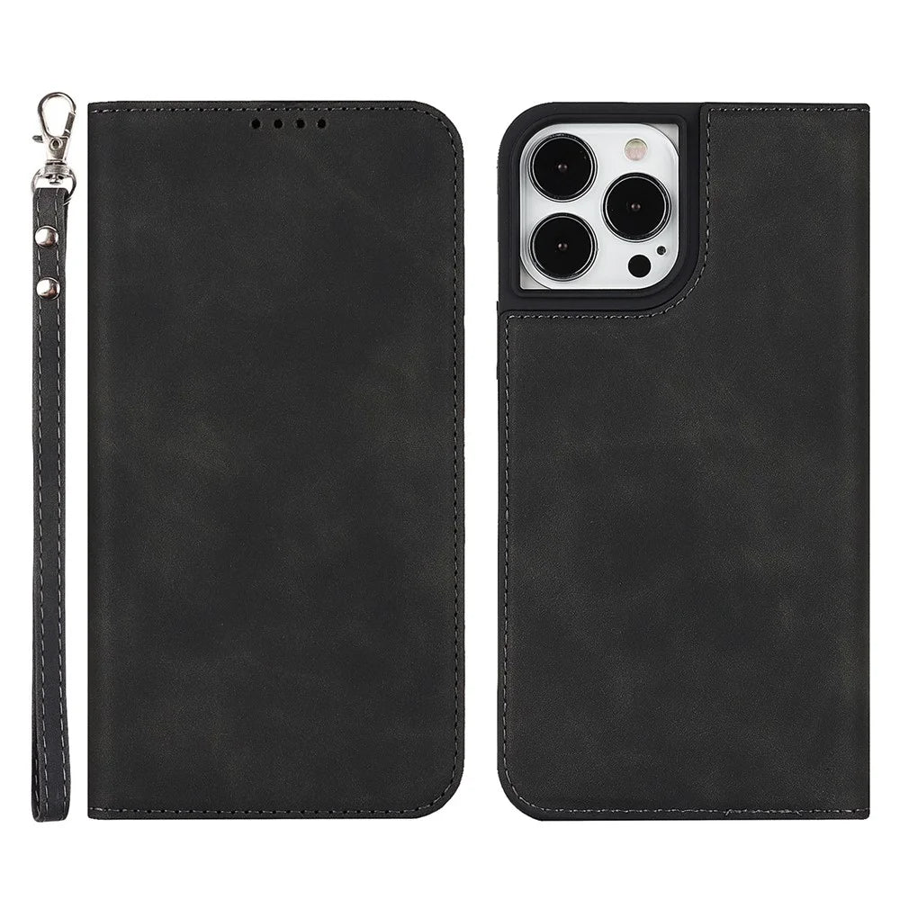 For iPhone 13 Pro 6.1 inch Anti-drop PU Leather Skin-touch Feeling Auto-absorbed Folio Fip Phone Case Shell with Wallet Stand - Black - 1