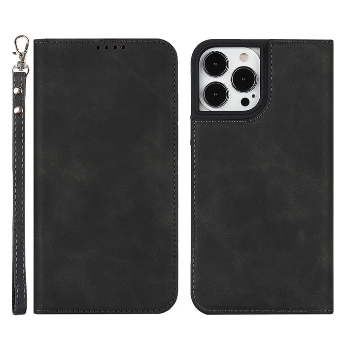 For iPhone 13 Pro 6.1 inch Anti-drop PU Leather Skin-touch Feeling Auto-absorbed Folio Fip Phone Case Shell with Wallet Stand - Black - 1