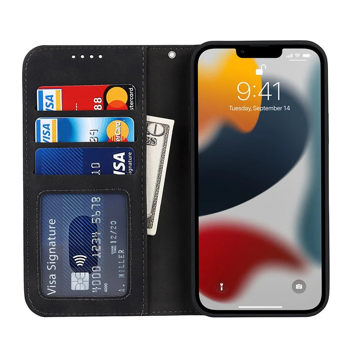 For iPhone 13 Pro 6.1 inch Anti-drop PU Leather Skin-touch Feeling Auto-absorbed Folio Fip Phone Case Shell with Wallet Stand - Black - 4