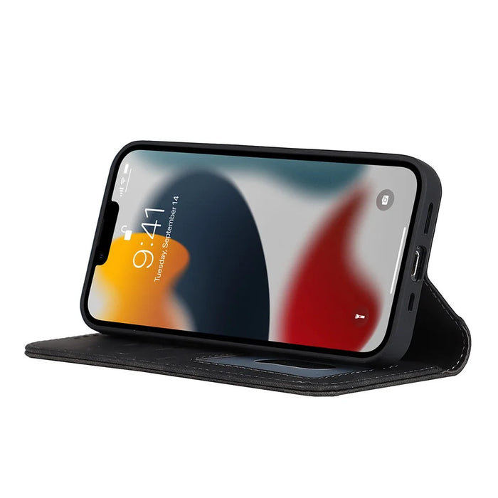 For iPhone 13 Pro 6.1 inch Anti-drop PU Leather Skin-touch Feeling Auto-absorbed Folio Fip Phone Case Shell with Wallet Stand - Black - 5