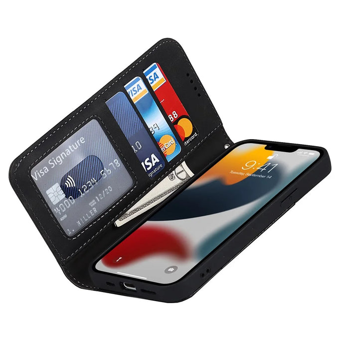 For iPhone 13 Pro 6.1 inch Anti-drop PU Leather Skin-touch Feeling Auto-absorbed Folio Fip Phone Case Shell with Wallet Stand - Black - 6